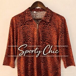 Monterey Club Leopard Print Quarter Zip Top Size M Orange Black Athleisure
